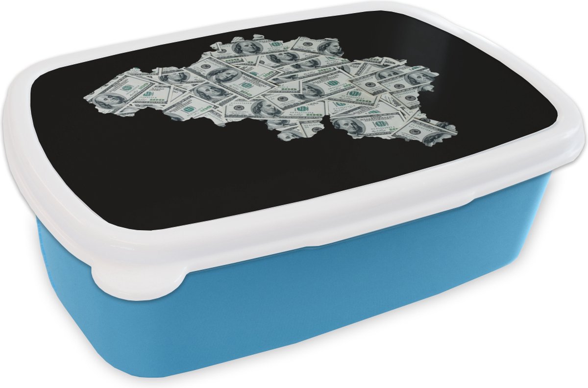 Broodtrommel Blauw - Lunchbox - Brooddoos - Kaart - België - Geld - 18x12x6 cm - Kinderen - Jongen