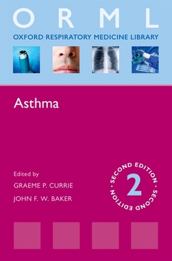 Boek 'Asthma' uit de Oxford Respiratory Medicine Library, met afbeeldingen van een inhalator, neus, longfoto en medische apparatuur.