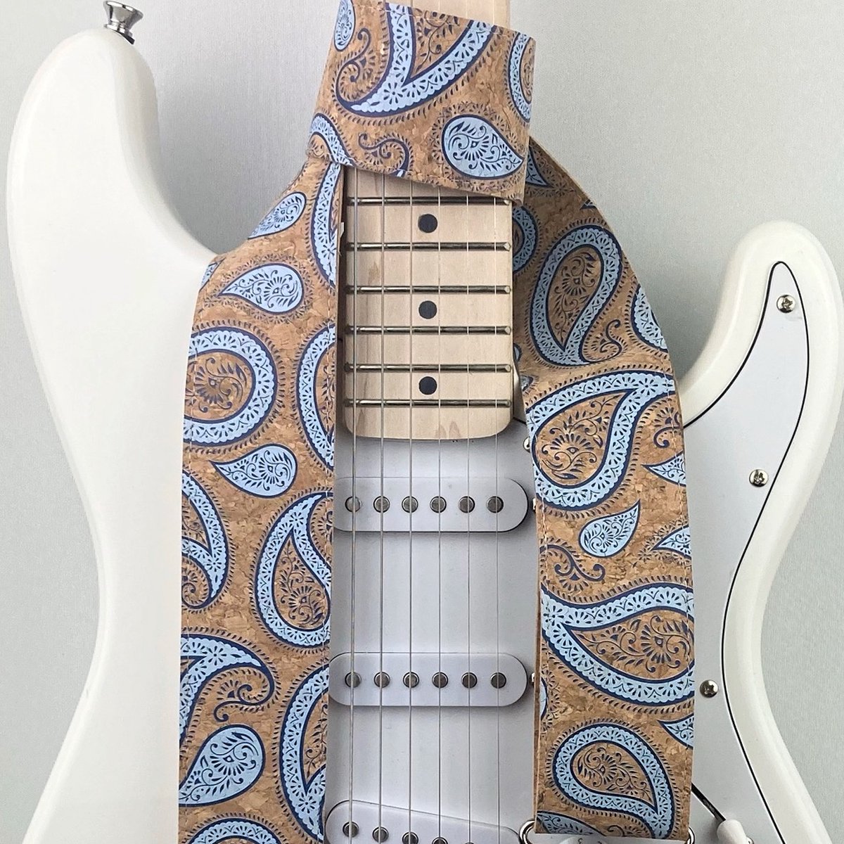 Rock 'n Soul - Gitaarband - Cork 5 Paisley Blue - Vegan - Handgemaakte gitaarriem van kurk en katoen