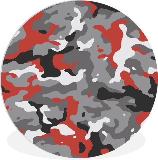 WallCircle - Wandcirkel ⌀ 120 - Camouflage patroon met rode accenten - Ronde schilderijen woonkamer - Wandbord rond - Muurdecoratie cirkel - Kamer decoratie binnen - Wanddecoratie muurcirkel - Woonaccessoires XXL