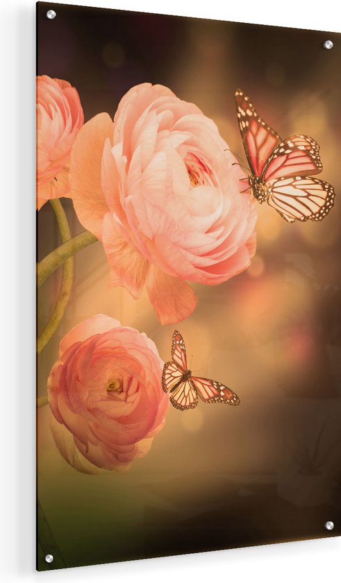 Artaza Glasschilderij - Twee Roze Vlinders Bij Roze Rozen - 40x60 - Plexiglas Schilderij - Foto op Glas