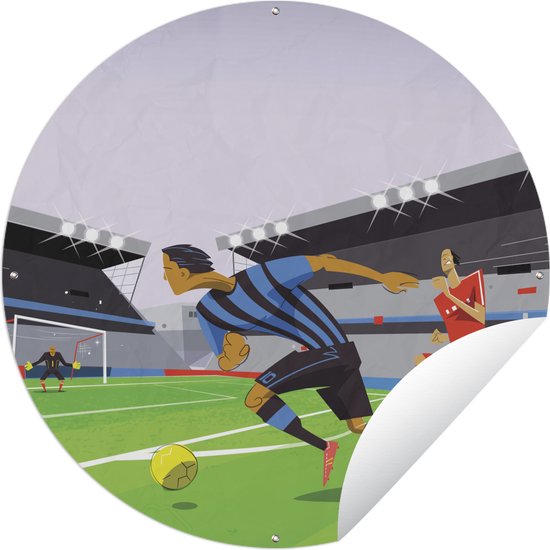 Tuincirkel Een illustratie van spelers die voetballen in een stadion - Jongetje - Meisjes - Kinderen - 60x60 cm - Ronde Tuinposter - Buiten