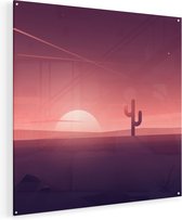 Artaza Glasschilderij - Zonsondergang In De Woestijn Met Een Cactus - 80x80 - Groot - Plexiglas Schilderij - Foto op Glas