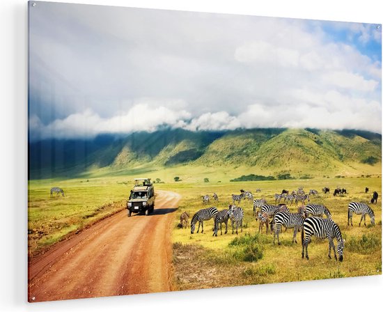 Artaza Glasschilderij - Safari Auto tussen de Zebra's - 135x90 - Groot - Plexiglas Schilderij - Foto op Glas