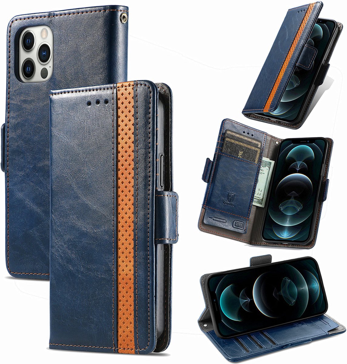 Stijlvol Tweekleurig PU-leer Wallet Flip Case + PMMA Screenprotector voor iPhone 12 / 12 Pro _ Blauw