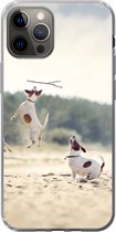 Geschikt voor iPhone 13 Pro hoesje - Hond - Tak - Zand - Siliconen Telefoonhoesje