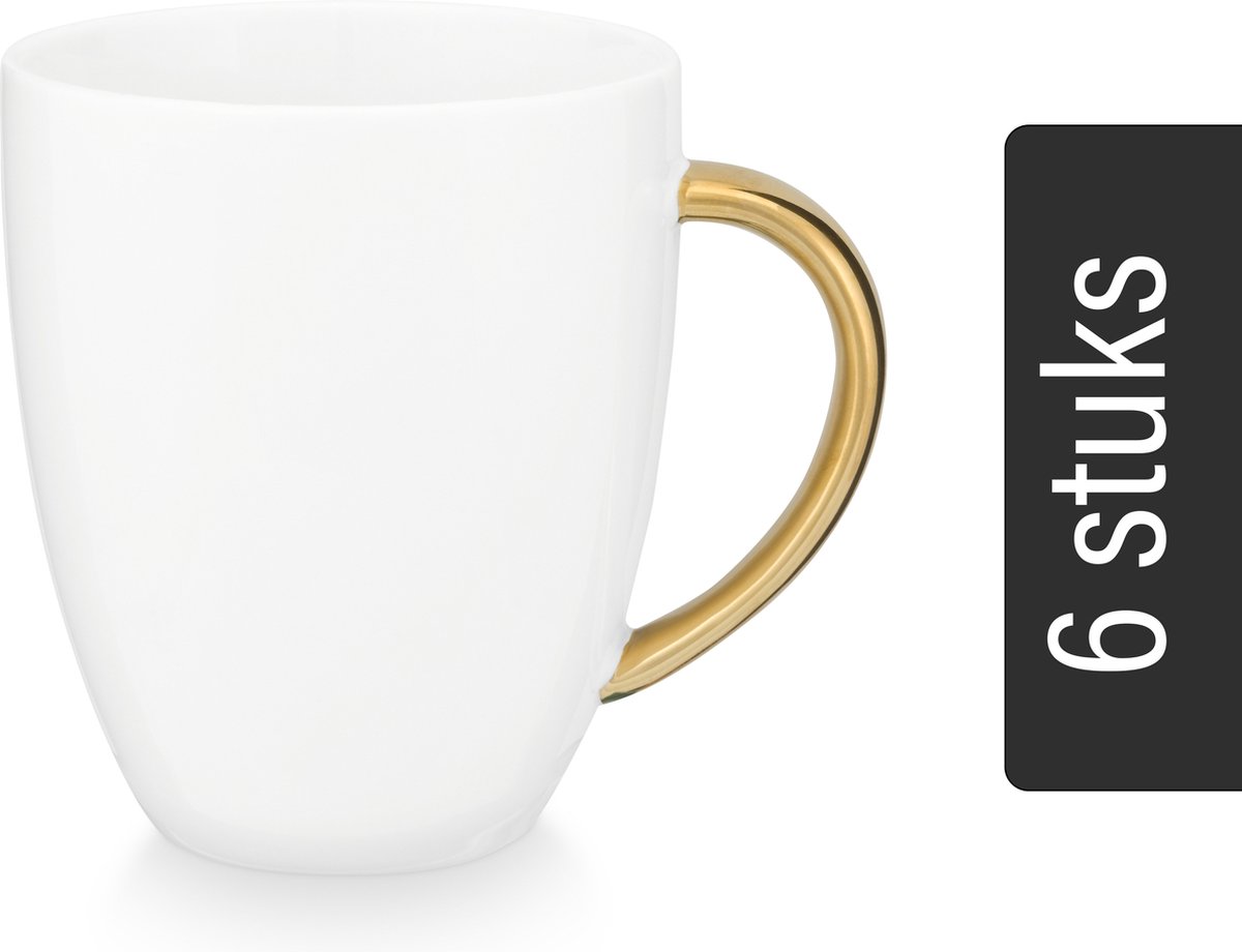 vtwonen Mokken met Oor - Set van 6 - Wit/Goud - Porselein - 250ml