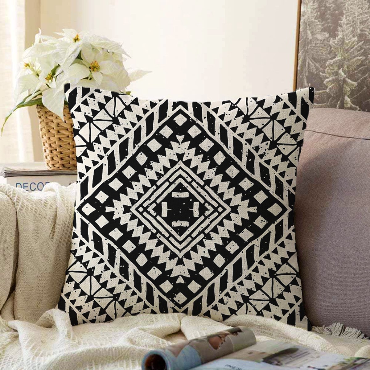 Zethome - Aztec Kussenhoes - 43 x 43 cm - Vierkantje - Soft Touch – Kussensloop - Pillow Cover - Aan Beide Zijdig Bedrukt - Vierkant - Rits