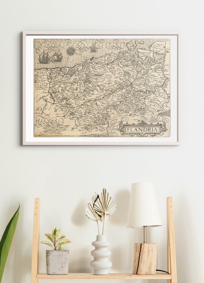 Poster In Witte Lijst - Historische Oude Kaart Vlaanderen - Plattegrond - Gent, Antwerpen - 50x70 cm