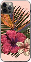 Geschikt voor iPhone 12 Pro Max hoesje - Bloemen - Tropisch - Roze - Siliconen Telefoonhoesje