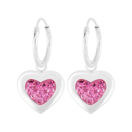 Joy|S - Zilveren hart bedel oorbellen - oorringen - roze kristal