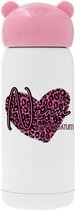Drinkbeker met naam en geboortedatum-roze met leopard print-verjaardags cadeau-RVS-Let op mail voor de naam en datum