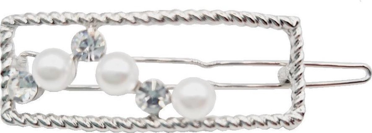 Haarsoires Haarspeld Haarclip 4,5cm - Recht - Parel Strass Steentjes - Wit Zilver - Hair Clip - Decoratieve Haaraccessoire