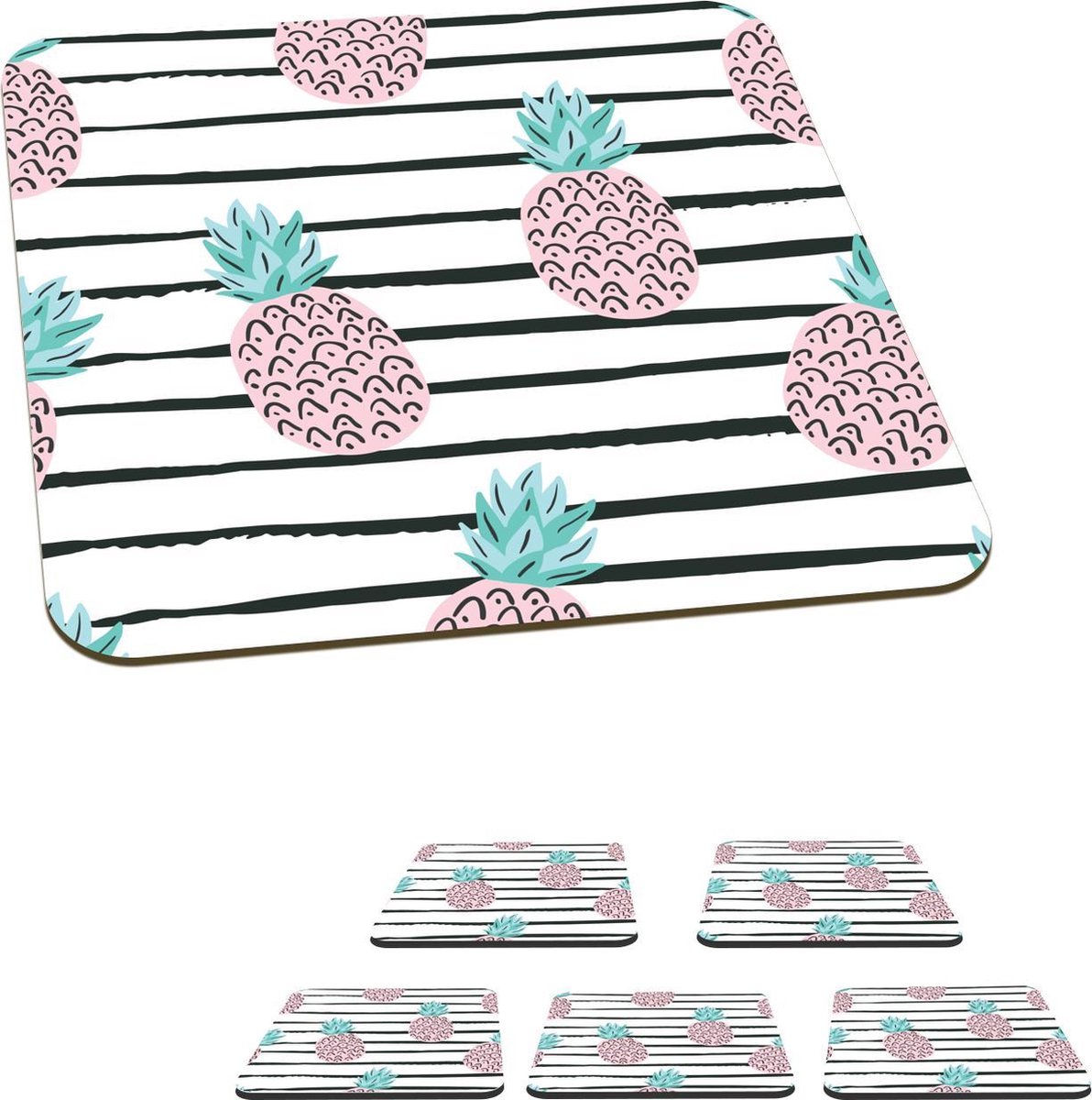 Onderzetters voor glazen - Zomer - Ananassen - Strepen - 10x10 cm - Glasonderzetters - 6 stuks