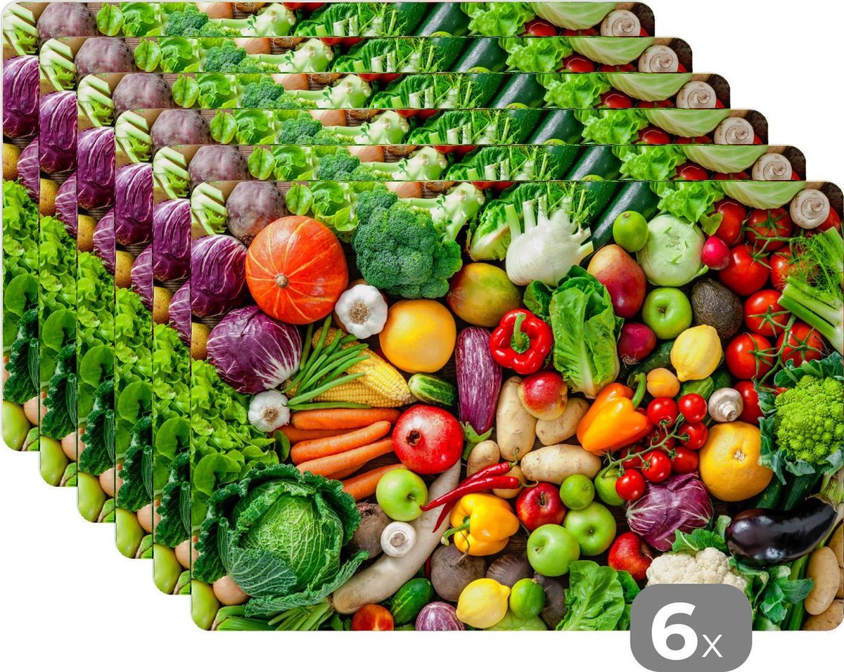 Placemat - Placemats kunststof - Fruit - Groente - Appel - 45x30 cm - 6 stuks - Hittebestendig - Anti-Slip - Onderlegger - Afneembaar