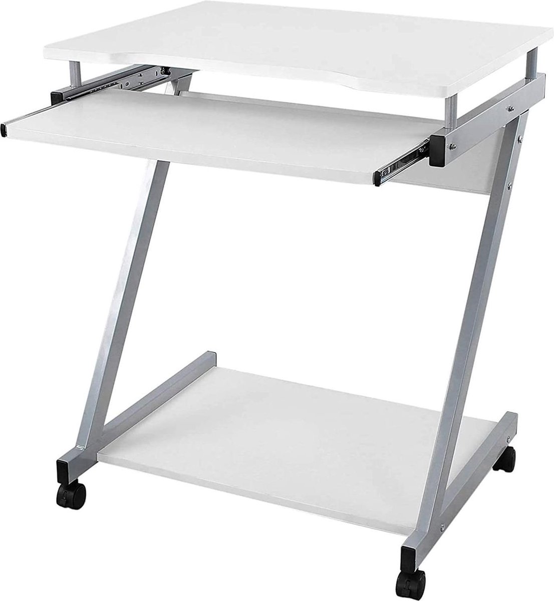 VASAGLE bureau computertafel met 4 wielen waarvan 2 met rem pc tafel eenvoudig te bedienen toetsenbord uittrekbaar eenvoudige montage ruimtebesparende Z vormige pc tafel wit LCD811W