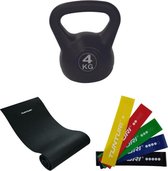 Tunturi - Fitness Set - Kettlebell 4 kg - Fitnessmat 160 x 60 x 0,7 cm - Weerstandsbanden 5 stuks