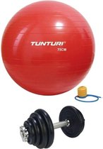 Tunturi - Fitness Set - Halterset 15 kg incl 1 Dumbbellstang  - Gymball Rood 75 cm