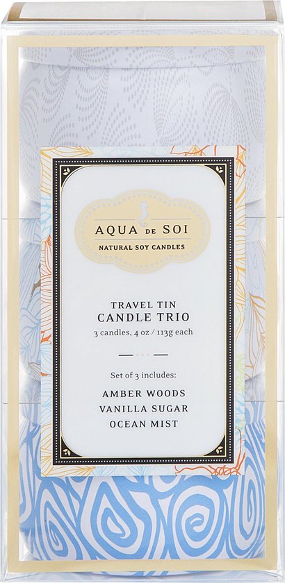 The Soi Company – Aqua de Soi - Giftset 3x Ocean Blossom, Amber Woods & Vanille Sugar (113gr x3) | 3 kleine geurkaarsen in blik | verschillende patronen en geuren |