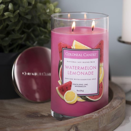 Foto: Colonial candle classic cylinder watermelon lemonade 538 gram geurkaars sojablend 90 branduren watermeloen citrus