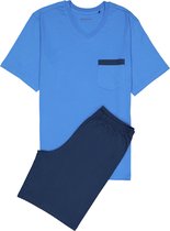 SCHIESSER heren shortama - V-hals - kobalt- met donkerblauw dessin -  Maat: M