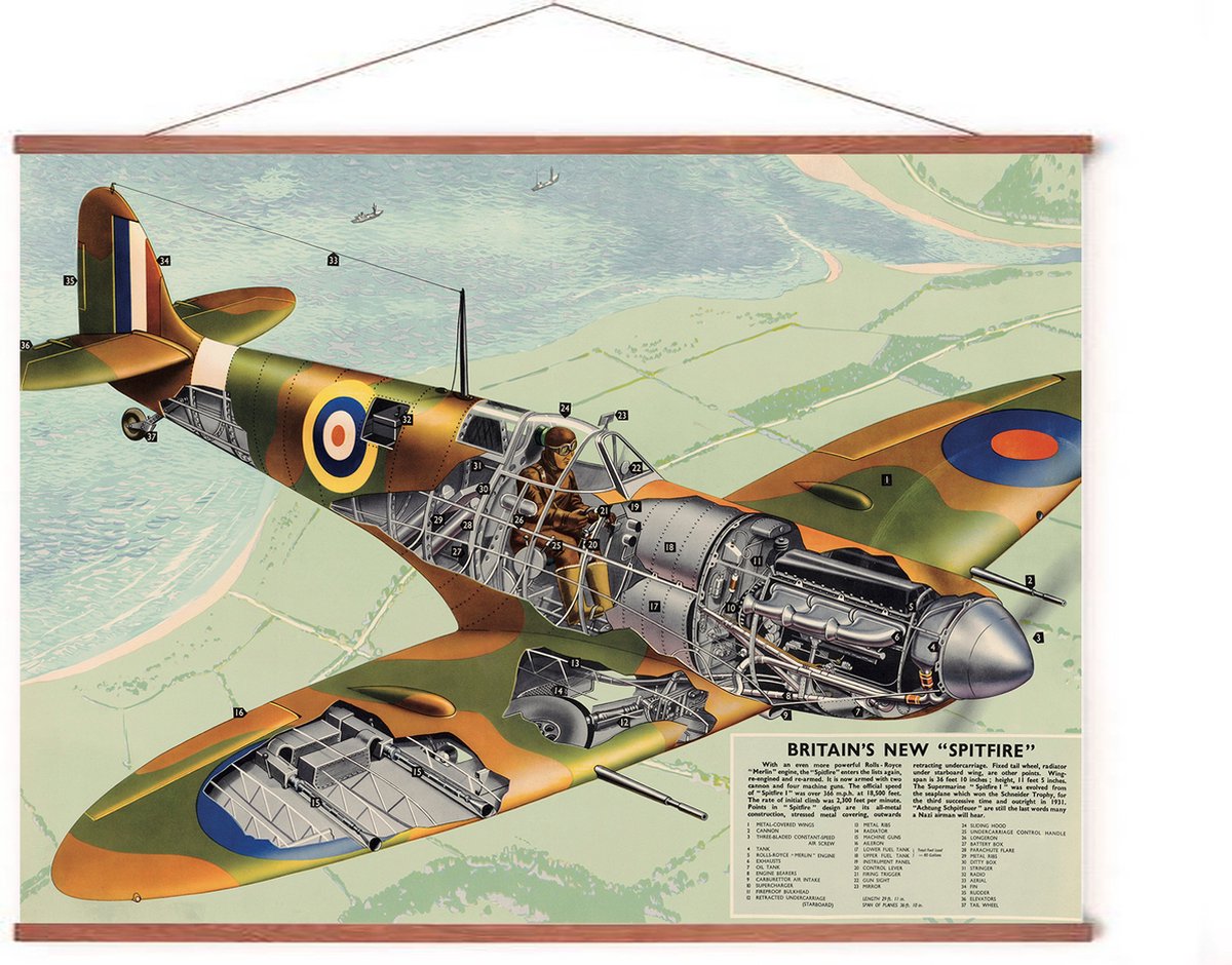 Esque Poster In Posterhanger - Poster Vliegtuig Spitfire - 50x70 cm - Kader Hout - Ophangsysteem - Vintage - Tweede Wereldoorlog