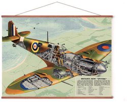Poster In Posterhanger - Poster Vliegtuig Spitfire - 50x70 cm - Kader Hout - Ophangsysteem - Vintage - Tweede Wereldoorlog