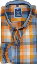 Redmond regular fit overhemd - poplin - blauw met oranje geruit (contrast) - Strijkvriendelijk - Boordmaat: 51/52