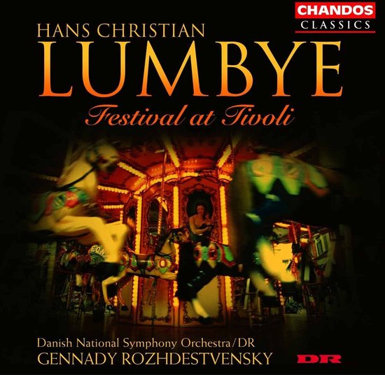 De voorkant van een cd-hoes met de titel 'Lumbye Festival at Tivoli' boven een afbeelding van een draaimolen met paarden en circusartiesten.