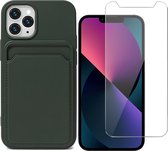 Hoesje Pasjeshouder geschikt voor iPhone 13 Pro Max Groen - Siliconen Case Back Cover + Screenprotector Glas