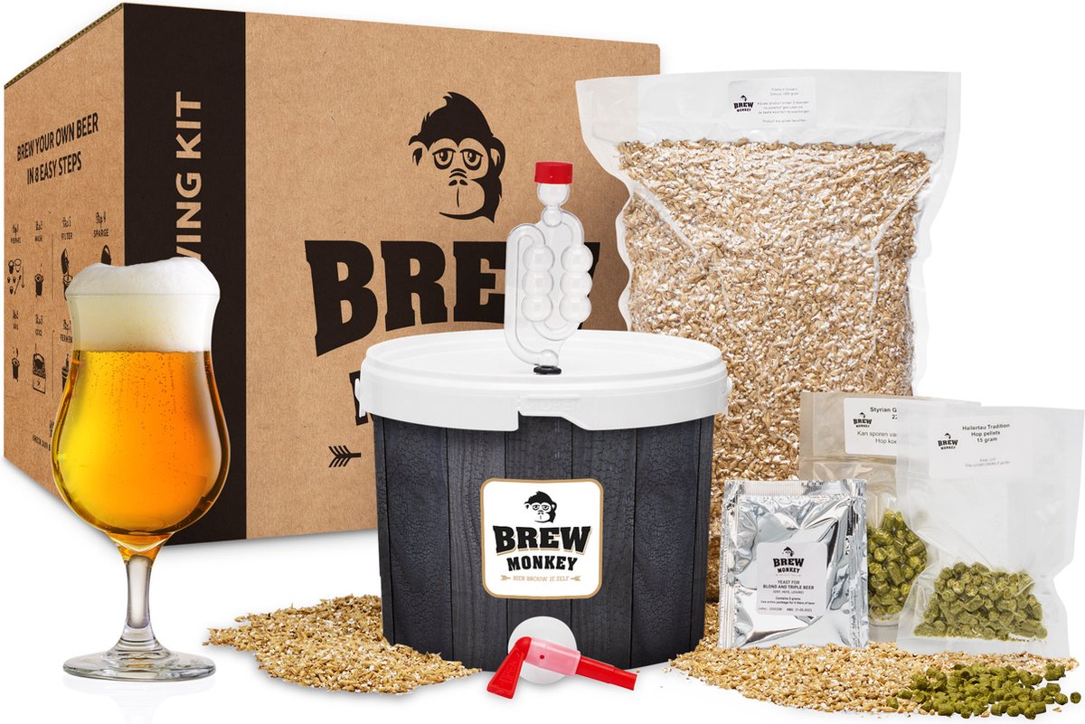 Brew Monkey Basis Tripel - Bierbrouwpakket - Zelf Bier Brouwen Bierpakket - Startpakket - Gadgets Mannen - Cadeau - Cadeau voor Mannen en Vrouwen - Verjaardag Cadeau Mannen