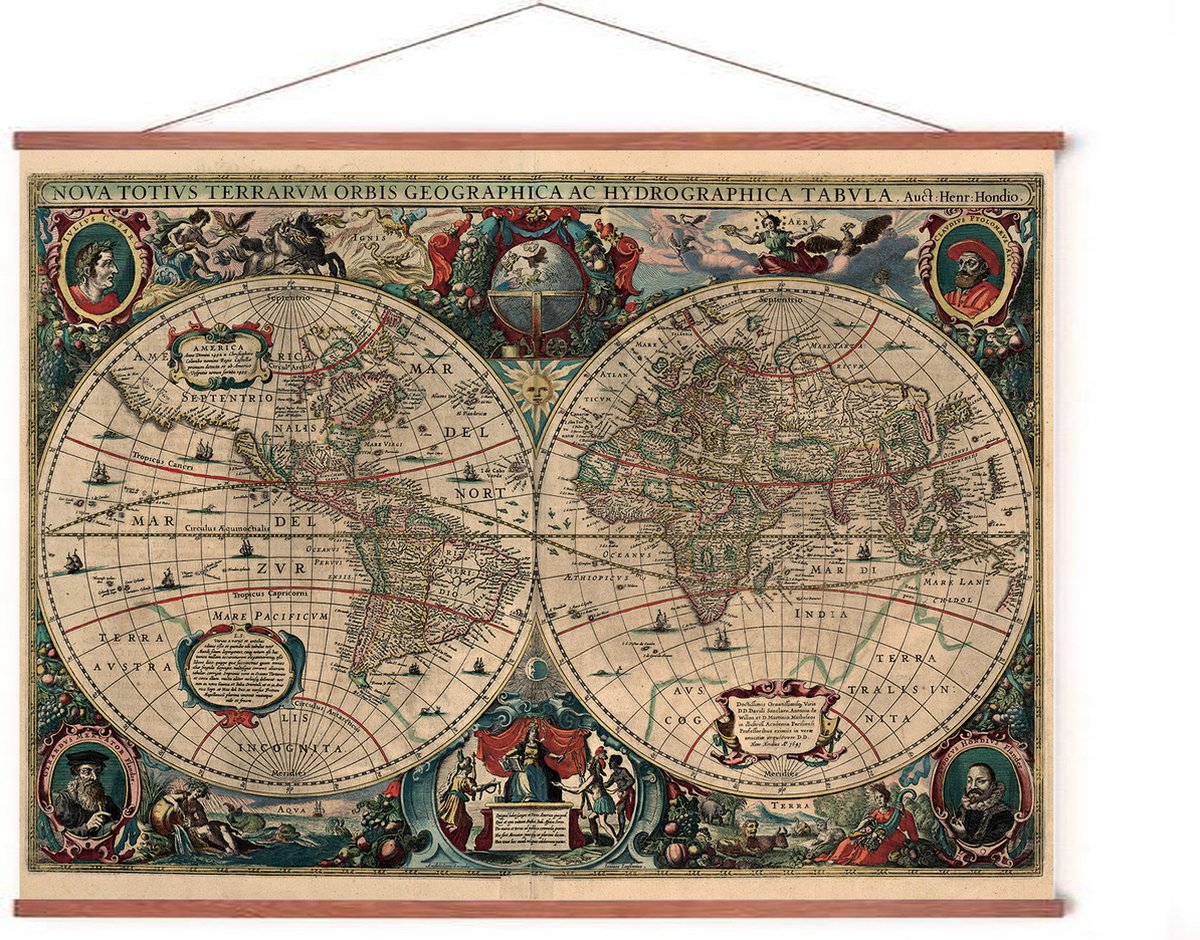 Esque Poster In Posterhanger - Historische Wereldkaart - 50x70 cm - Kader Hout - Henricus Hondius - Ophangsysteem - Geografie