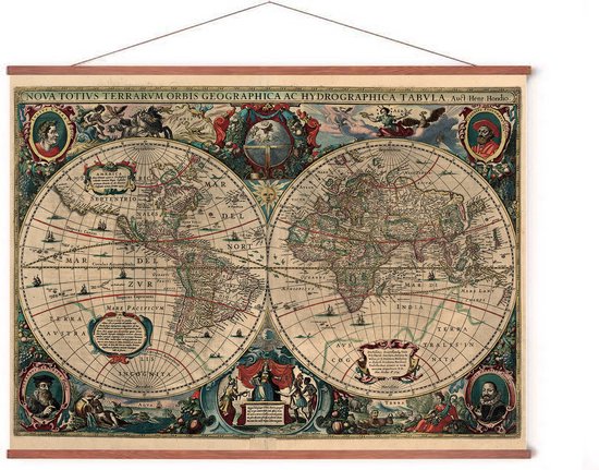 Poster In Posterhanger - Historische Wereldkaart - 50x70 cm - Kader Hout - Henricus Hondius - Ophangsysteem - Geografie