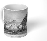 Mok - Zwart-wit tekening van een zeilboot in Djedda in Saoedi-Arabië - zwart wit - 350 ML - Beker