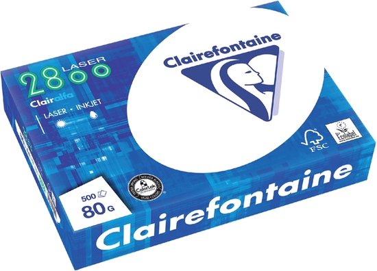 Pak Clairefontaine A4 80gr wit papier. Blauwe opdruk met logo.