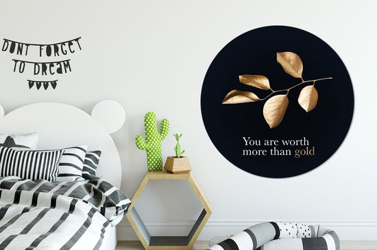 Branche d'or avec des feuilles avec la citation - Vous valez plus que l'or - ⌀ 120 cm - peinture ronde - cercle de papier peint - cercle mural - cercle vivant - autocollant et découpe ronde