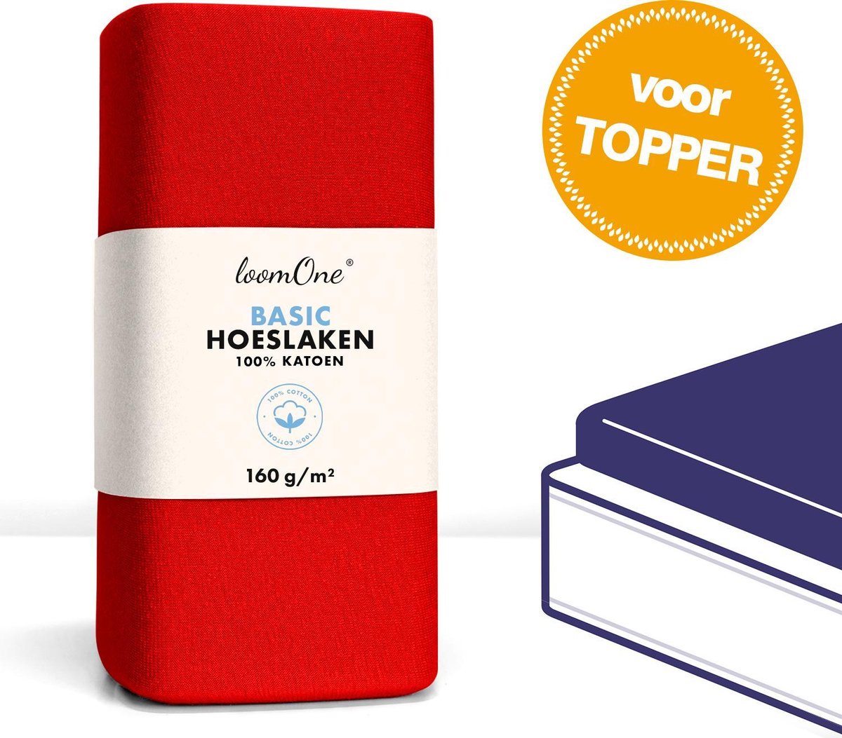 Loom One Hoeslaken Topper – 100% Jersey Katoen – 180x200 cm – tot 12cm matrasdikte– 160 g/m² – Rood