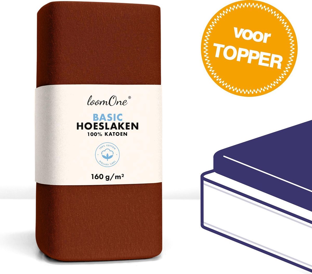 Loom One Hoeslaken Topper – 100% Jersey Katoen – 160x200 cm – tot 10cm matrasdikte– 160 g/m² – Bruin