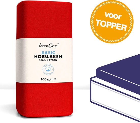 Loom One Hoeslaken Topper – 100% Jersey Katoen – 200x200 cm – tot 10cm matrasdikte– 160 g/m² – Rood