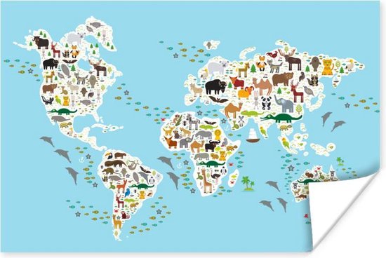 Carte Du Monde Avec Des Animaux Sur Poster Pour Enfants 90x60 Cm Affiche De Carte Du Bol Com