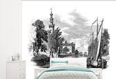 Papier peint - Papier peint photo Illustration en Zwart et blanc d'un canal à Leyde - noir et blanc - Largeur 375 cm x hauteur 300 cm