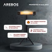AREBOS Infraroodstraler 2500w - Infrarood Verwarming - Terrasverwarmer - 3 Verwarmingsniveaus - 24-uurs Timerfunctie - Elektrische Kachel Infrarood - Zwart - Binnen en buiten
