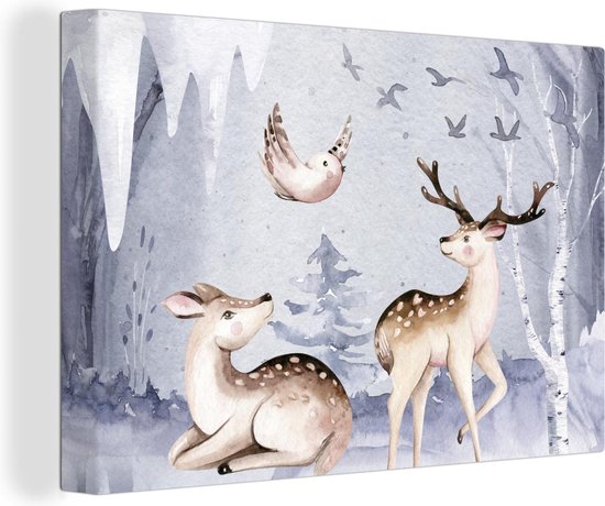 Canvas Schilderij Winter - Hert - Vogel - Sneeuw - 90x60 cm - Wanddecoratie