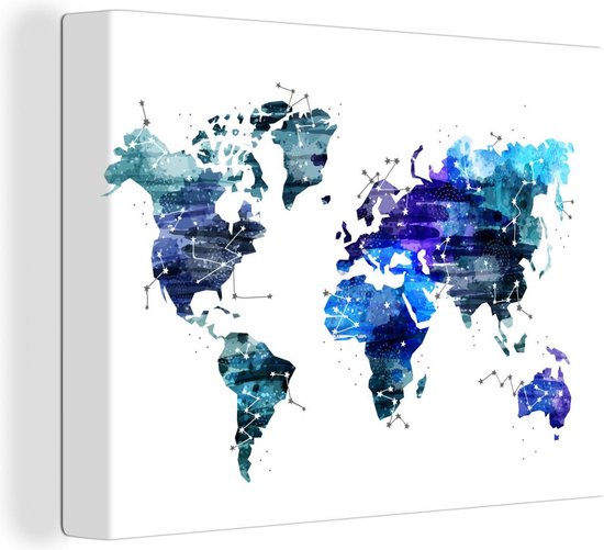 Canvas Wereldkaart - 80x60 - Wanddecoratie Wereldkaart - Sterren - Blauw