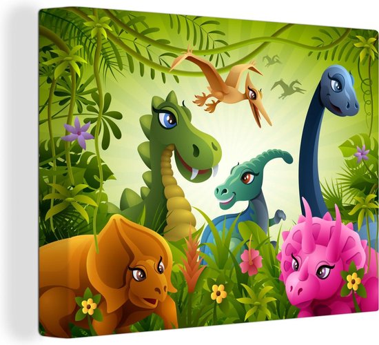 Canvas Schilderij Dinosaurus - Dieren - Jungle - Illustratie - Baby- Jongens - Meisjes - Kids - 80x60 cm - Wanddecoratie