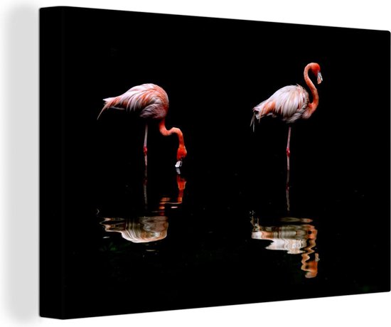 Canvas Schilderij Twee flamingo's staan in het water - 90x60 cm - Wanddecoratie