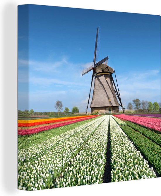 Canvas Schilderij Nederland - Bloemen - Windmolen - 20x20 cm - Wanddecoratie