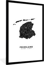 Fotolijst incl. Poster - Friesland - Kaart - Zwart - Wit - 80x120 cm - Posterlijst