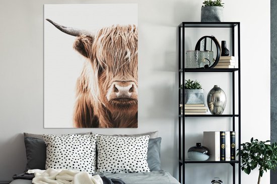 Canvas Schilderij Schotse hooglander - Koe - Wit - 90x120 cm - Wanddecoratie