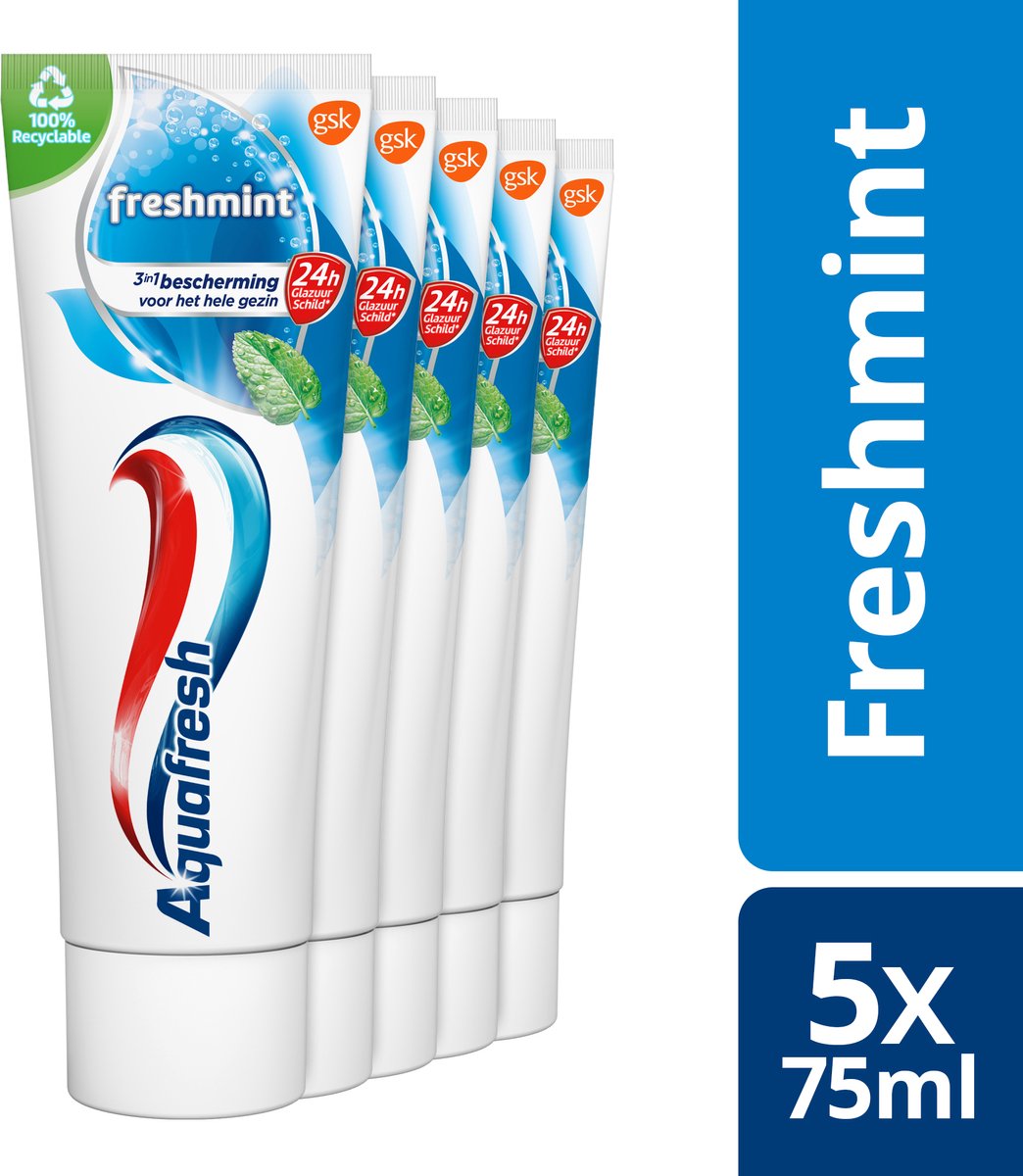 Aquafresh Freshmint 3in1 tandpasta voor een frisse adem voordeelverpakking 5 x 75ml, recyclebare plastic tube en dop - Aquafresh